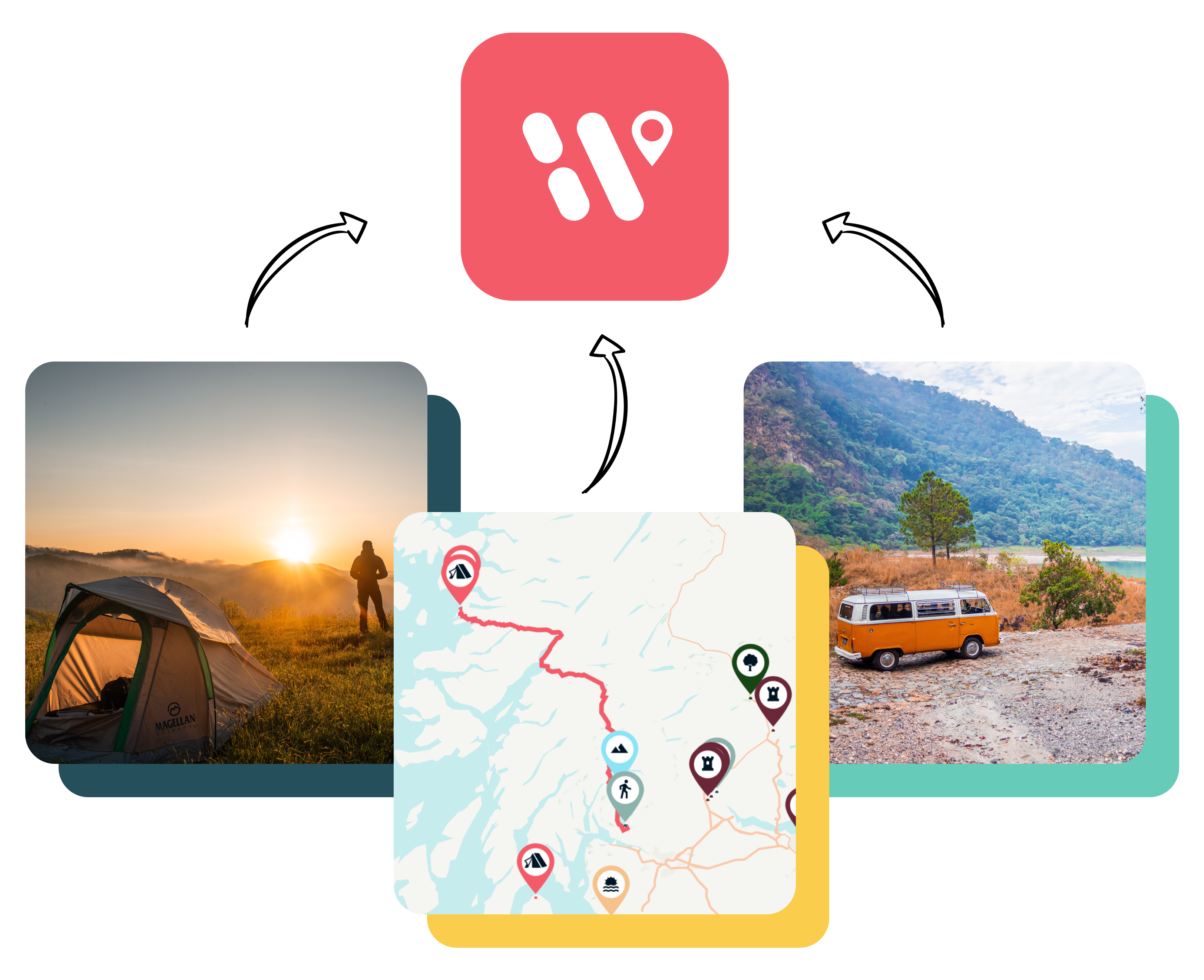 Illustration of camping, driving and routes in the app