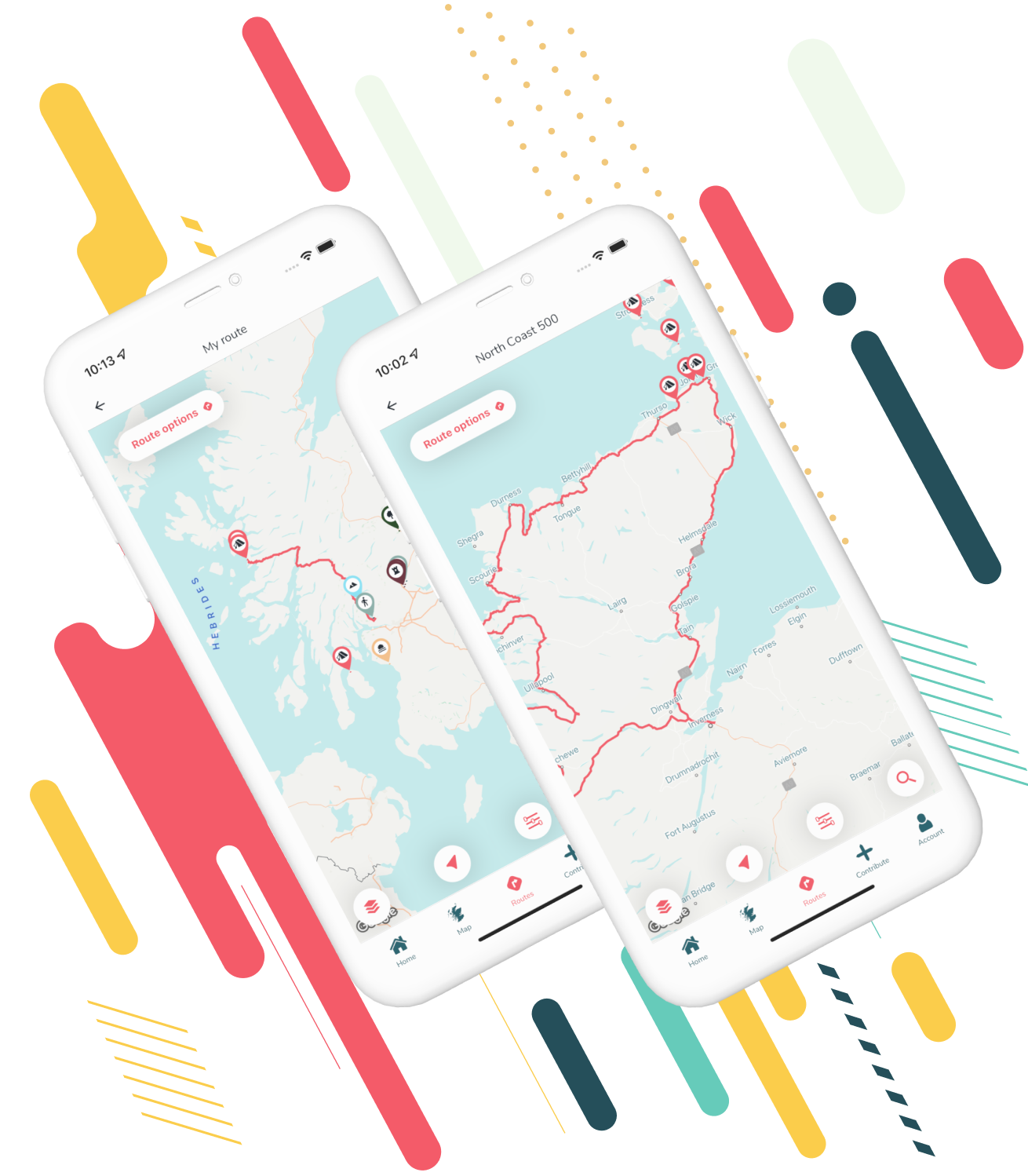 3D phone illustrations showing how road trips and routes work on the app